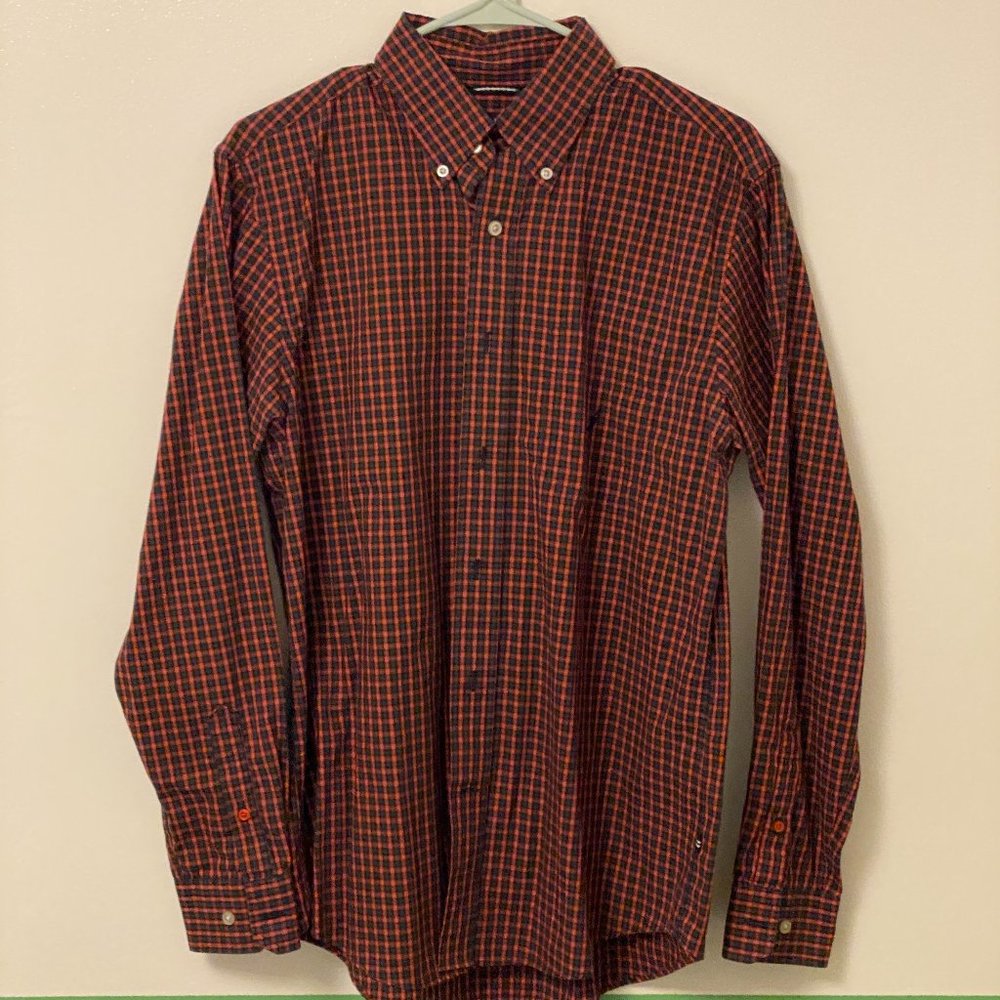 Nautica, Size M, Plaid dark green, redish color, Made in Mauritius, LS Men's